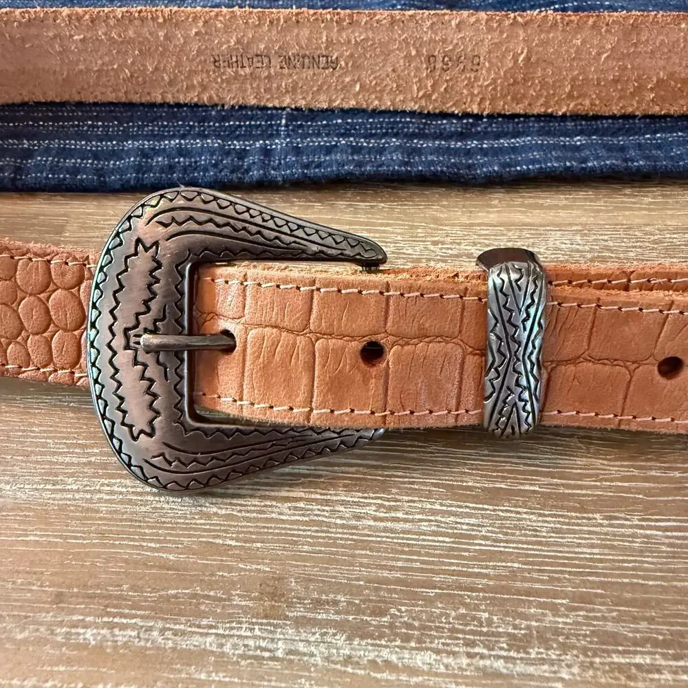 Vintage Belt 90s Southwestern Leather Tan Silver Tone Boho Medium Gift Country